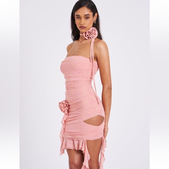 Blush Pink Strapless Floral Print Ruched Cutout Draped Mini Dress - NWT - Picture 3 of 10